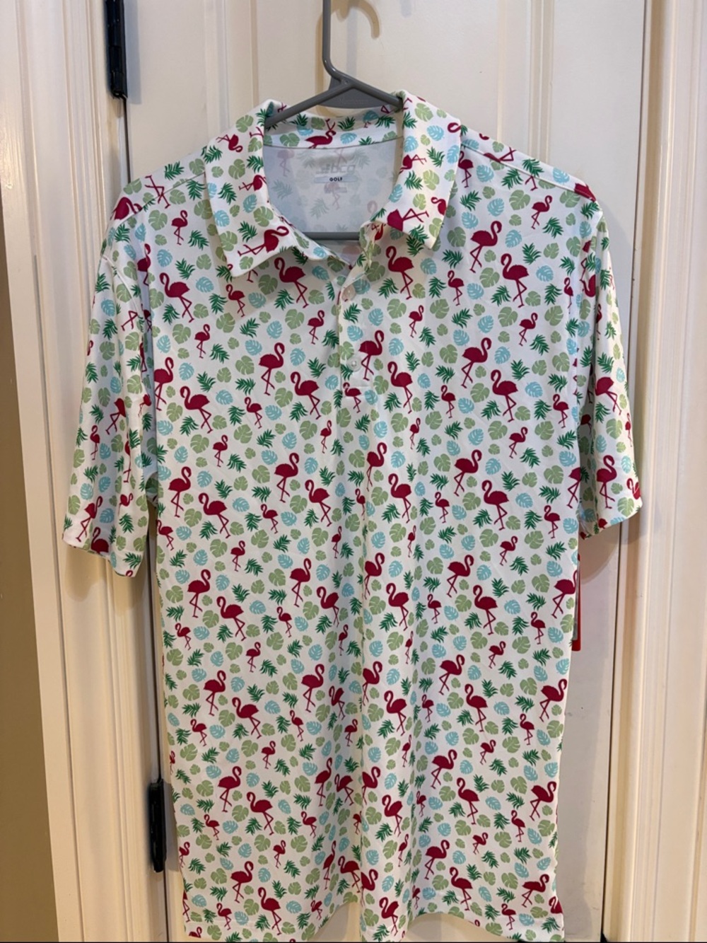 bcg White Polo with Pink Flamingo & Green Leaf Print